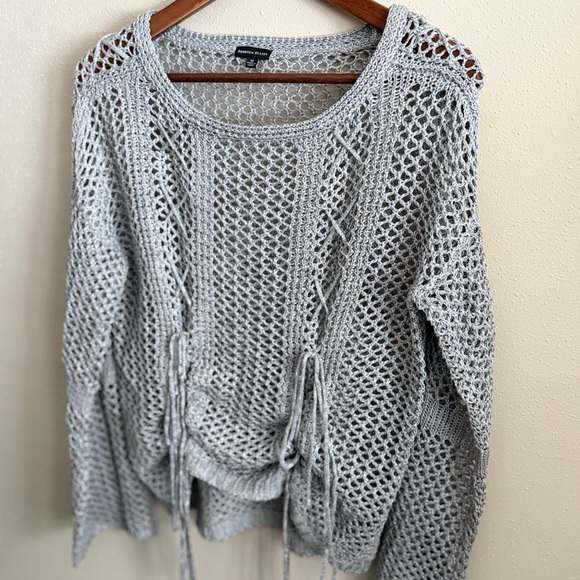 Rebecca Elliot Gray Open Knit Mesh Sweater | Tie Side Pullover | Size M - Picture 2 of 7